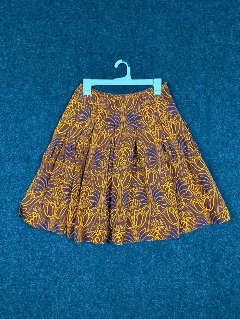 Prada Made Italy Silk Pleated Floral A-Line Skirt Women's IT 38 US 2 Brown Blue